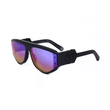 PHILIPP PLEIN SPP093M-703V Vyriški kvadratiniai pilotiniai akiniai nuo saulės, juodas acetato rėmelis, pilki polikarbonatiniai lęšiai, UV400 apsauga, 65/16/145 mm