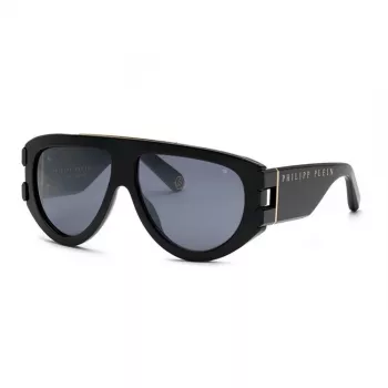 Philipp Plein SPP127M60700G vyriški akiniai nuo saulės – juodas acetato rėmelis, tamsiai pilki lęšiai, 60/13/145 mm