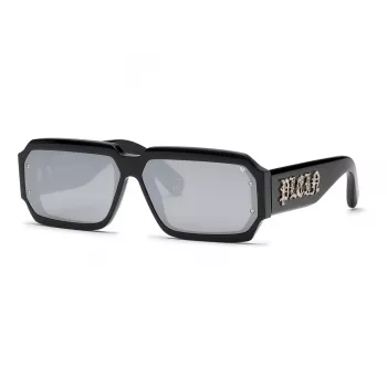 PHILIPP PLEIN SPP150-670700 Vyriški Akiniai Nuo Saulės, Juodas Acetato Rėmelis, Tamsiai Pilki Lęšiai, 67/11/145 mm