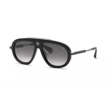 PHILIPP PLEIN SPP151V57700Y Vyrų Akiniai nuo Saulės – Juodas Acetatinis Rėmas, Pilki Polikarbonatiniai Lęšiai, 57 mm
