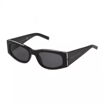 Philipp Plein moteriški katės akies akiniai nuo saulės SPP025S550700 – blizgūs juodi acetatai, dūminiai lęšiai, UV400