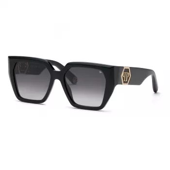 Philipp Plein moteriški akiniai nuo saulės SPP160-570700 juodas acetato rėmelis, pilki lęšiai, 57 mm