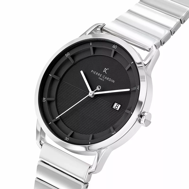Pierre Cardin Vyriškas analoginis kvarcinis laikrodis CLC.6006 – 43 mm nerūdijančio plieno korpusas, juodas odinis dirželis