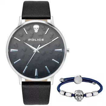 POLICE vyrų analoginis kvarcinis laikrodis PLTASM2SET20 44mm nerūdijančio plieno korpusas, mėlynas ciferblatas, rudo odos ir sidabrinio tinklelio dirželiai