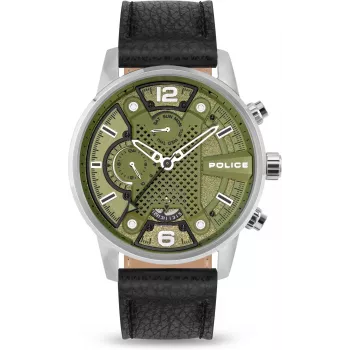 POLICE vyrų laikrodis PEWJF2203305 48 mm chronografas juodu ciferblatu odiniu dirželiu