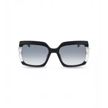 POLICE moteriški akiniai nuo saulės SPLG23M570700 geometrinis juodas acetatinis rėmelis, pilki polikarbonatiniai lęšiai, 57 mm