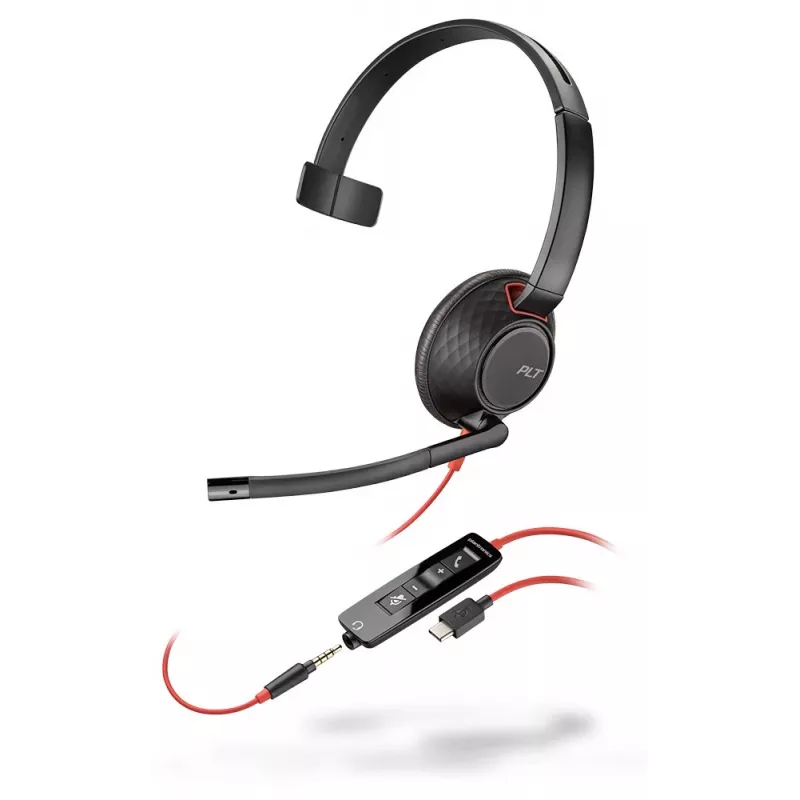 Poly Blackwire C5210 USB-C ausinė – 5200 serija – laidinė, antausinė, monofoninė, su triukšmą slopinančiu boom mikrofonu, valdymo mygtukais, juoda