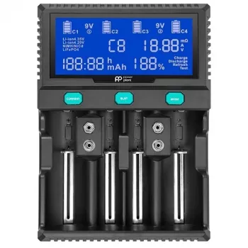 POWER PLANT, LLC AA620173 Protingas 4 kanalų universalus akumuliatorių įkroviklis, skirtas Li-ion, LiFePO4, NiMH, NiCd