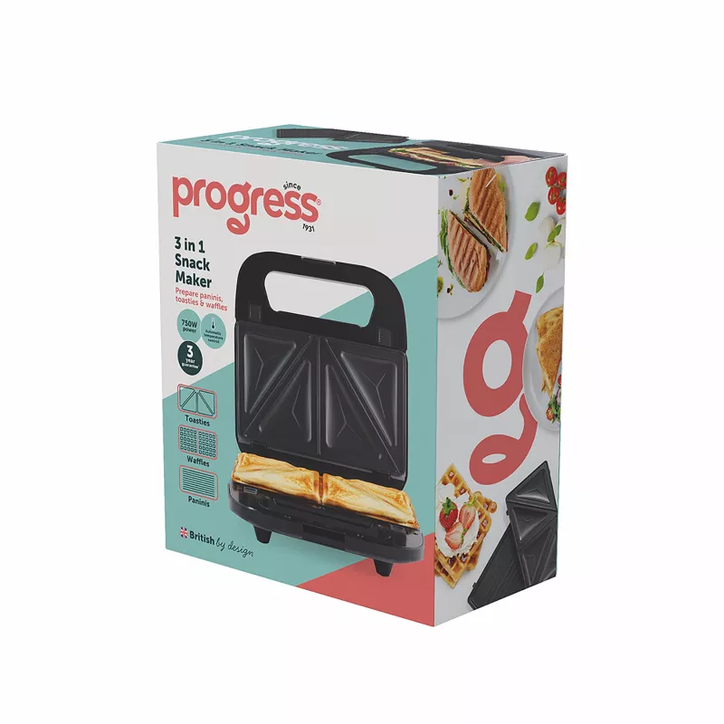 Progress EK6666PVDE 3 in 1 Snack Maker – vaflių, sumuštinių ir spurgų aparatas, 900 W, juodas