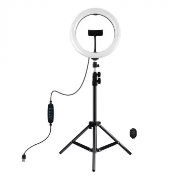 PULUZ 26 cm LED žiedinė šviesa su trikojž stovu iki 1,1 m ir telefono laikikliu, USB maitinimas