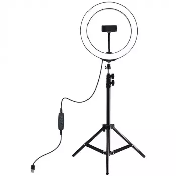 PULUZ LED žiedinis apšvietimas 26 cm su trikoju iki 1,1 m ir telefono laikikliu, USB