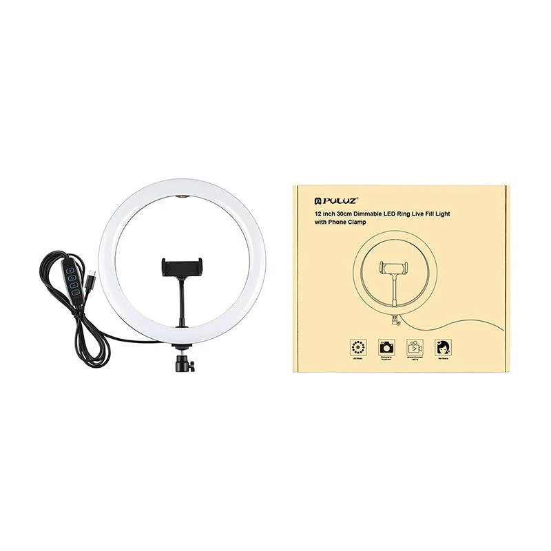 PULUZ PU656B 10 colių LED žiedinė lemputė su telefono laikikliu ir trikoju, 12W, 3000K–6500K, maitinama USB, skirta tiesioginėms transliacijoms, TikTok, YouTube, makiažui, fotografijai