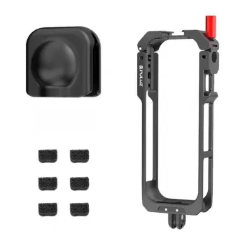 PULUZ PU759B Aliuminio lydinio apsauginis narvas, skirtas Insta360 X5 veiksmo kamerai, su 1/4 colio-20 sriegiais ir šalto bato laikikliu