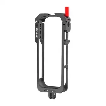 PULUZ PU759B Aliuminio lydinio apsauginis narvas, skirtas Insta360 X5 veiksmo kamerai, su 1/4 colio-20 sriegiais ir šalto bato laikikliu