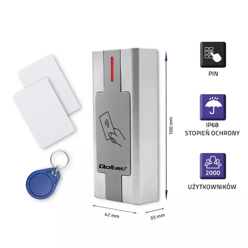 Qoltec 52446 Proximity Card ir Raktų Pakabukų Skaitytuvas – 125 kHz RFID, Wiegand 26-bit, IP65