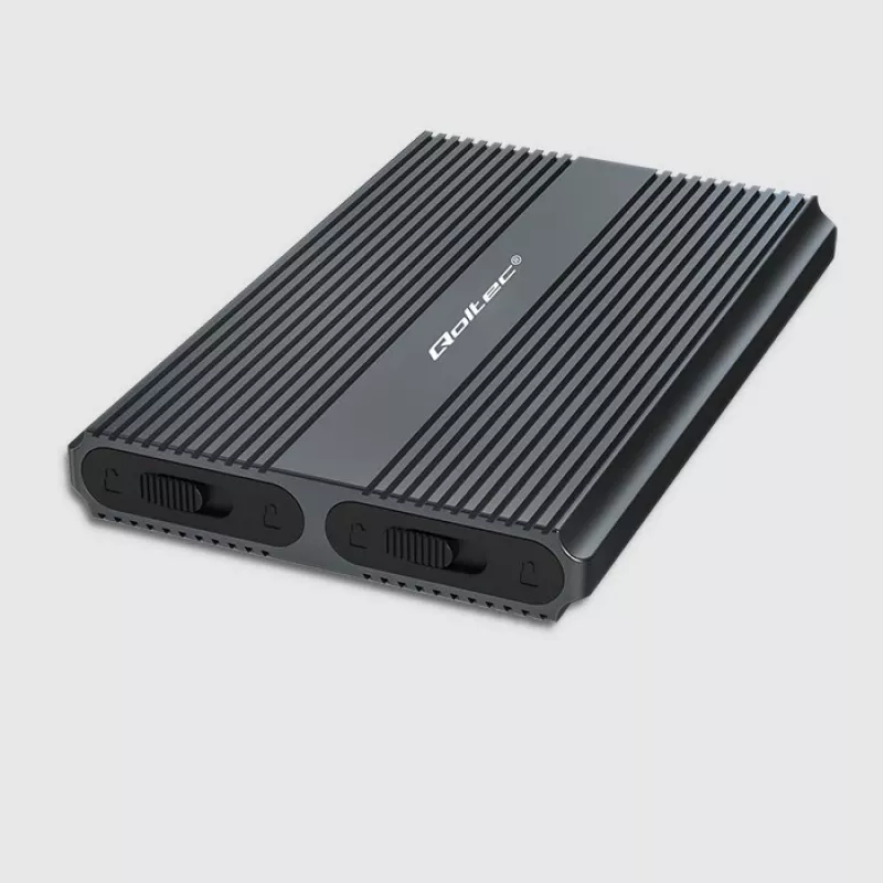 Qoltec Dual M.2 NVMe SATA SSD dėklas su USB-C 3.2 Gen 2, be įrankių, aliuminio korpusas, palaiko 2x2TB, UASP, TRIM, 10Gbps