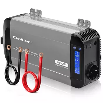 Qoltec grynosios sinusoidės inverteris 12V į 230V 1000W/2000W su LCD, USB, USB-C, suderinamas su LiFePO4/GEL/AGM