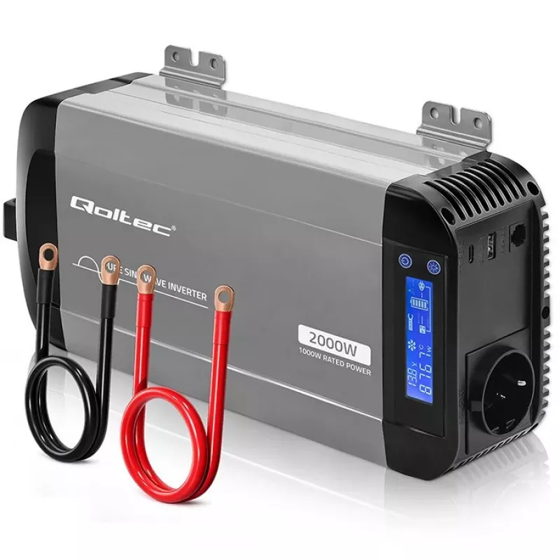 Qoltec grynosios sinusoidės inverteris 12V į 230V 1000W/2000W su LCD, USB, USB-C, suderinamas su LiFePO4/GEL/AGM