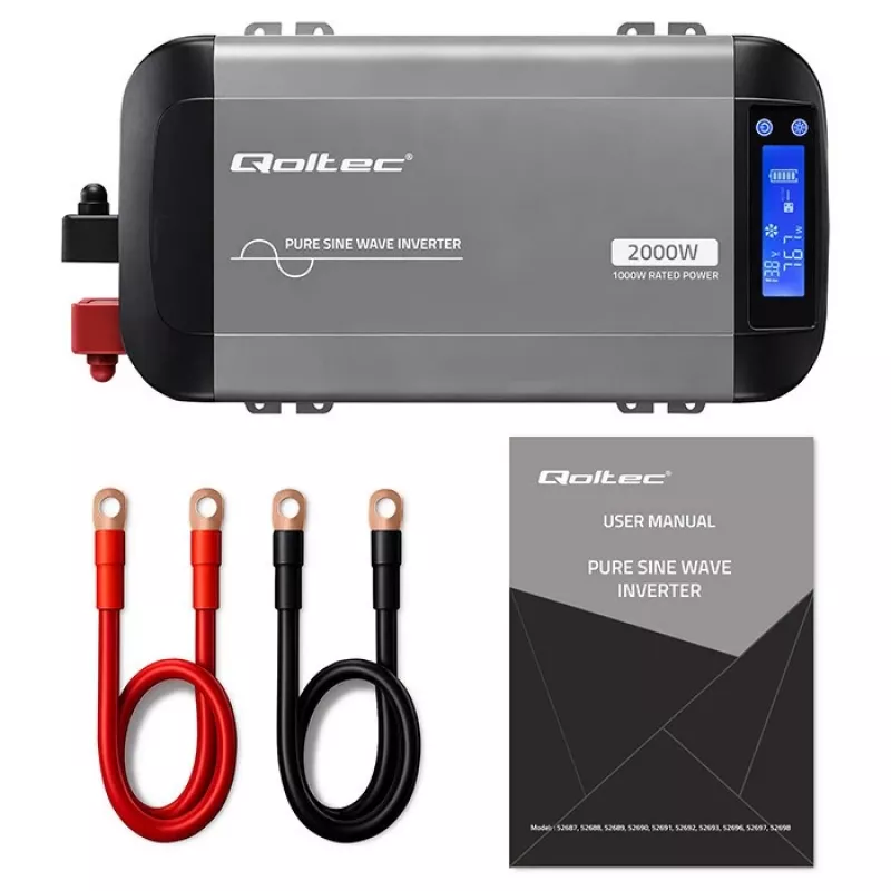 Qoltec grynosios sinusoidės inverteris 12V į 230V 1000W/2000W su LCD, USB, USB-C, suderinamas su LiFePO4/GEL/AGM