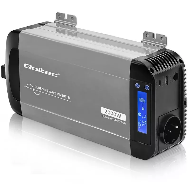 Qoltec grynosios sinusoidės inverteris 12V į 230V 1000W/2000W su LCD, USB, USB-C, suderinamas su LiFePO4/GEL/AGM