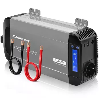 Qoltec grynosios sinusoidės inverteris 12V į 230V 1000W/2000W su LCD, USB, USB-C, suderinamas su LiFePO4/GEL/AGM