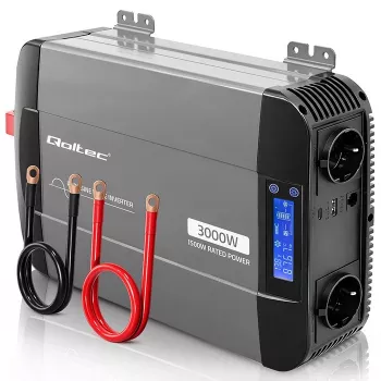 Qoltec grynosios sinusoidės inverteris 12V į 230V 1500W/3000W su LCD, USB, USB-C, skirta LiFePO4, GEL, AGM