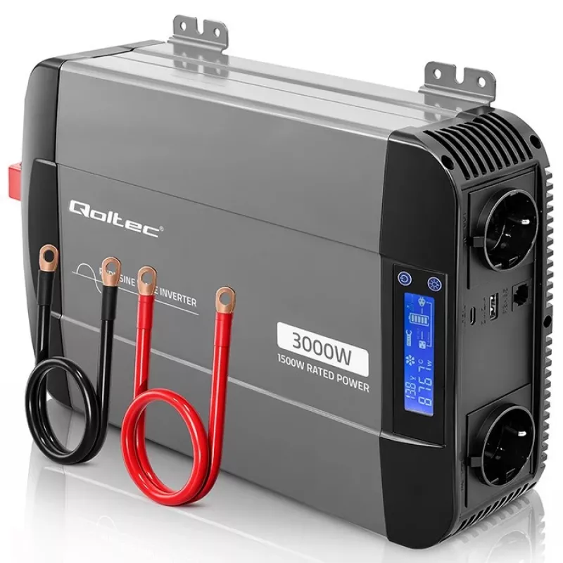 Qoltec grynosios sinusoidės inverteris 12V į 230V 1500W/3000W su LCD, USB, USB-C, skirta LiFePO4, GEL, AGM