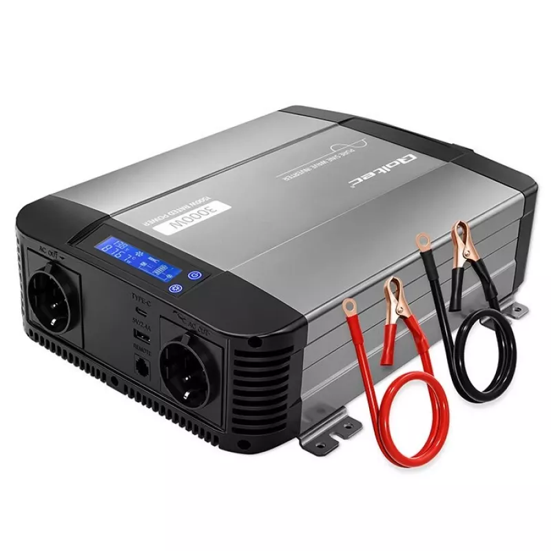 Qoltec grynosios sinusoidės inverteris 12V į 230V 1500W/3000W su LCD, USB, USB-C, skirta LiFePO4, GEL, AGM