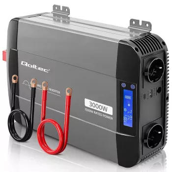 Qoltec grynosios sinusoidės inverteris 12V į 230V 1500W/3000W su LCD, USB, USB-C, skirta LiFePO4, GEL, AGM
