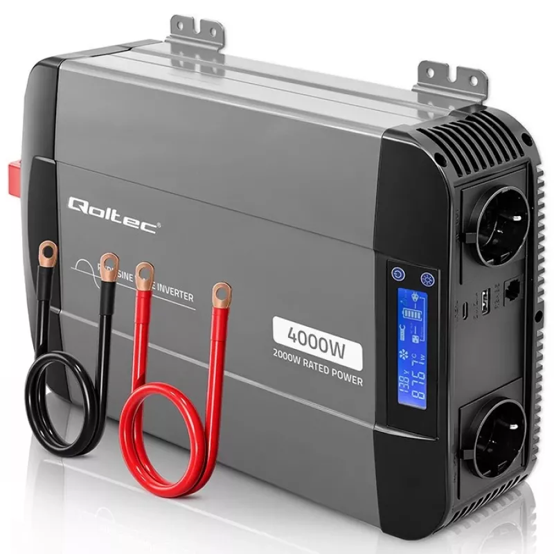 Qoltec grynos sinusoidės inverteris 12V į 230V 2000W/4000W su LCD, USB, USB-C, suderinamas su LiFePO4/GEL/AGM