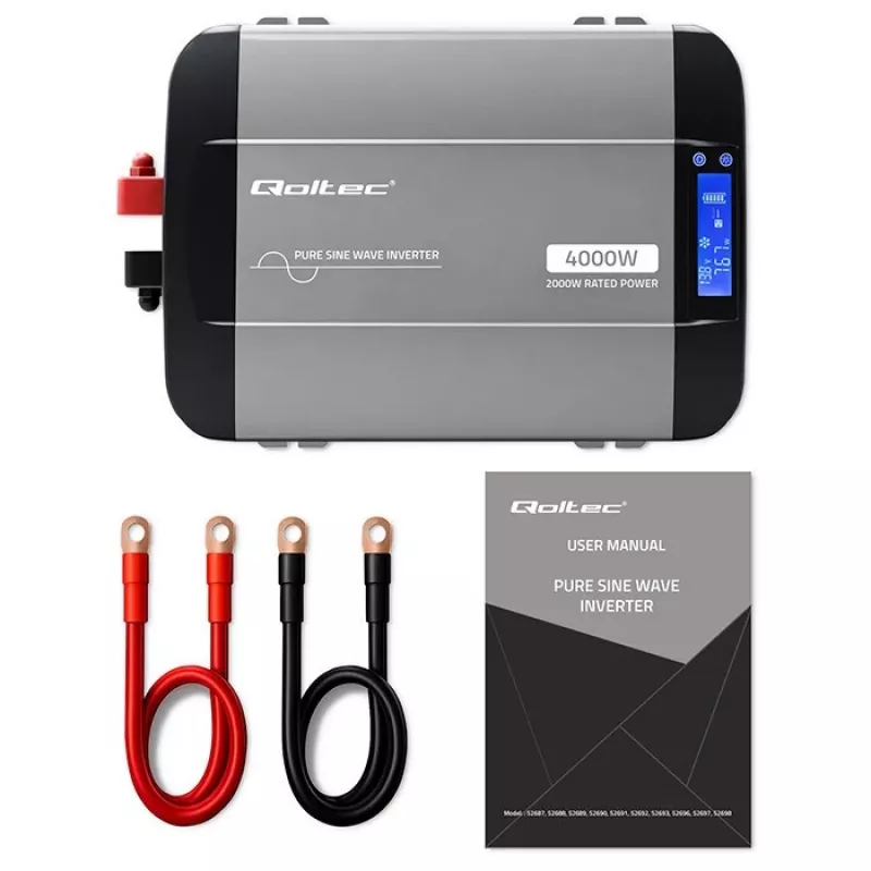 Qoltec grynos sinusoidės inverteris 12V į 230V 2000W/4000W su LCD, USB, USB-C, suderinamas su LiFePO4/GEL/AGM