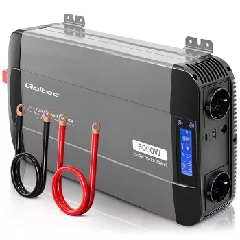 Qoltec grynos sinusoidės inverteris 12V į 230V 2500W/5000W su LCD, USB, USB-C, suderinamas su LiFePO4/GEL/AGM