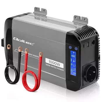 Qoltec grynosios sinusoidės keitiklis 12V į 230V 500W/1000W su LCD, USB, USB-C, suderinamas su LiFePo4/GEL/AGM
