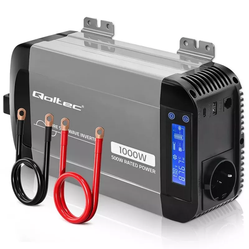 Qoltec grynosios sinusoidės keitiklis 12V į 230V 500W/1000W su LCD, USB, USB-C, suderinamas su LiFePo4/GEL/AGM