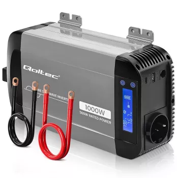 Qoltec grynosios sinusoidės keitiklis 12V į 230V 500W/1000W su LCD, USB, USB-C, suderinamas su LiFePo4/GEL/AGM