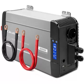 Qoltec grynos sinusoidės inverteris su UPS 12V į 230V 3000W/6000W LCD USB USB-C LiFePO4 GEL AGM