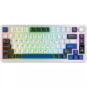 Rampage Quell Pro mechaninė belaidė 75% klaviatūra su TFT ekranu, gasket mount, hot-swap, 2.4G + BT, balta