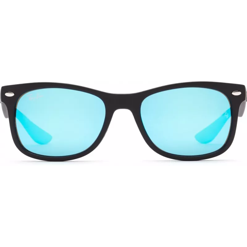 Ray-Ban Junior RJ9052S100S55 Akiniai - Blizgantis Juodas Rėmelis, Šviesiai Mėlyni Veidrodiniai Lęšiai, 48 mm