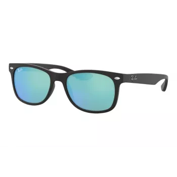 Ray-Ban Junior RJ9052S100S55 Akiniai - Blizgantis Juodas Rėmelis, Šviesiai Mėlyni Veidrodiniai Lęšiai, 48 mm