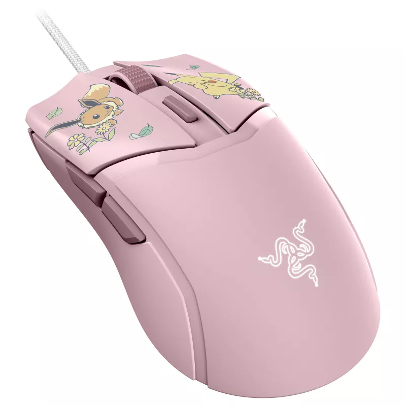 Razer Cobra – Pikachu & Eevee Edition laidinis žaidimų pelė, 8500 DPI optinis jutiklis, Chroma RGB apšvietimas, 6 programuojami mygtukai, simetriška dešinei rankai