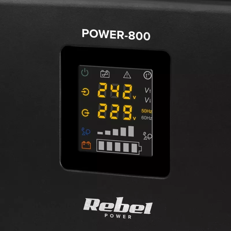 Rebel POWER-800 sieninis avarinis maitinimo šaltinis – gryno sinusoidės keitiklis su 12V įkrovimo funkcija, 230V, 800VA/500W