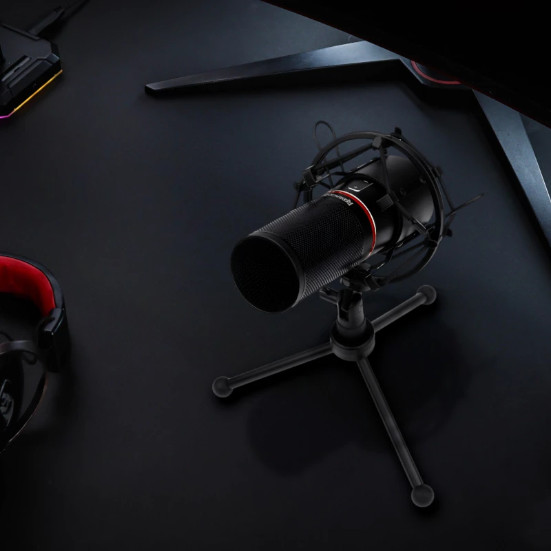 REDRAGON BLAZAR kardioidinis USB žaidimų mikrofonas su trikojž stovu, pop filtru ir šoko laikikliu - juodas