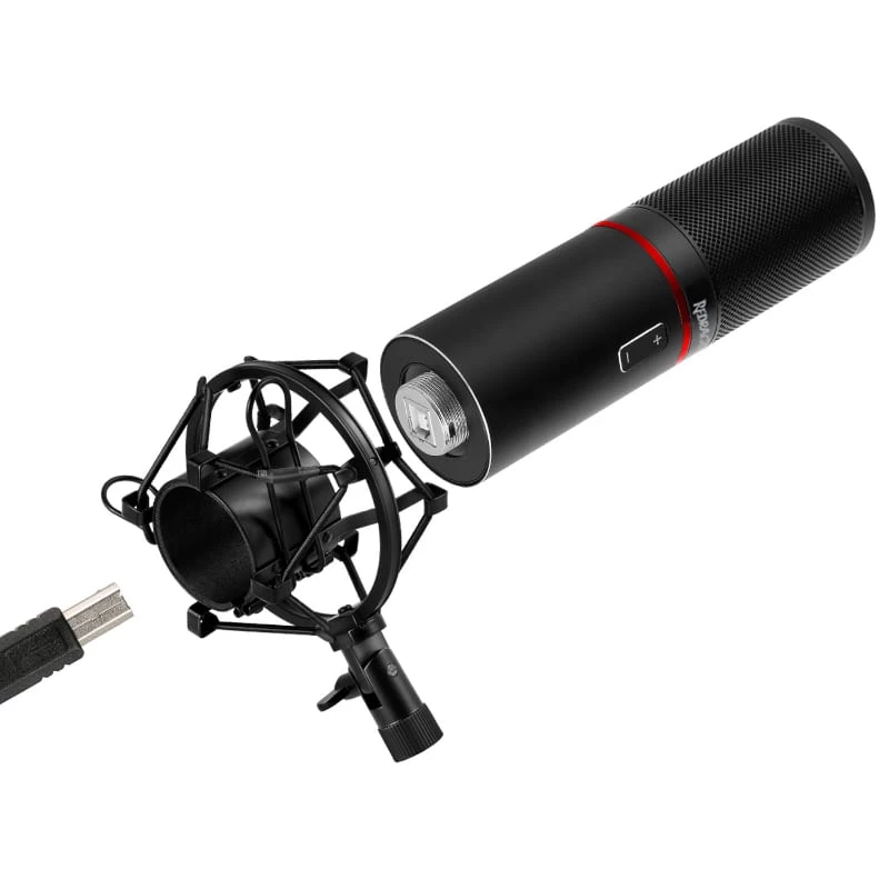 REDRAGON BLAZAR kardioidinis USB žaidimų mikrofonas su trikojž stovu, pop filtru ir šoko laikikliu - juodas
