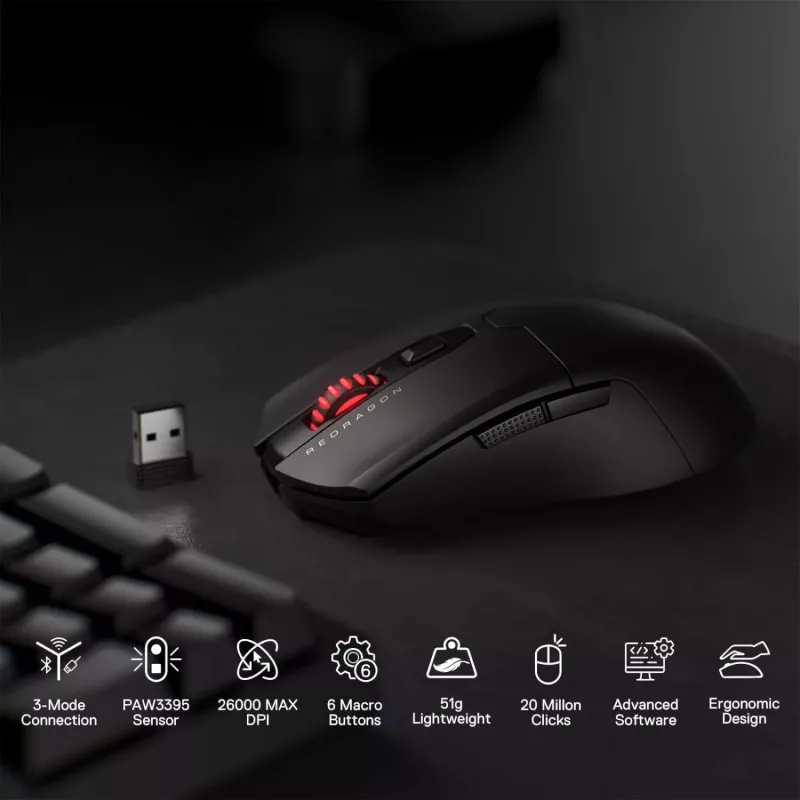 Redragon FYZU M995 PRO belaidė žaidimų pelė - juoda, 26K DPI Pixart 3395, trijų režimų, 9 mygtukai, RGB, 70h baterija