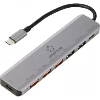 Renkforce RF-7465828 USB-C 6-in-1 hubas, 3x USB-A 3.0, USB-C duomenų, 4K HDMI, 100W PD, pilkas