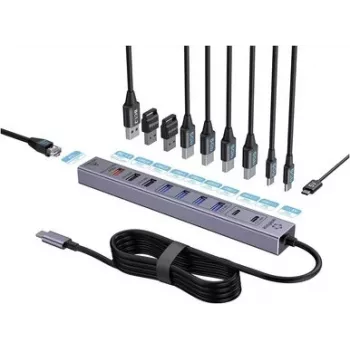 Renkforce RF-7465830 vidinis USB-C 10 prievadų USB 3.0 šakotuvas, 5 Gbit/s, SATA maitinimas, pilkas