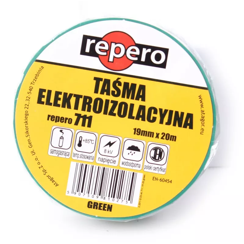 REPERO TTE711E4-0019-20 PVC elektrinė izoliacinė juosta, žalia, 19 mm x 20 m, 600V, liepsnai atspari