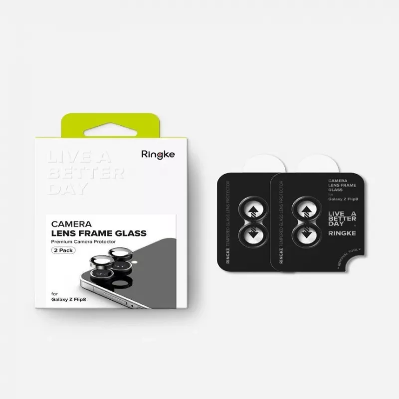 Ringke Camera Frame 2 rinkinys, skirtas Samsung Galaxy Z Flip 8 – juodas aliuminio lydinio objektyvo apsauga su 9H grūdintu stiklu