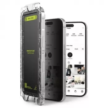 Ringke iPhone 15/16 apsauginis stiklas „Privacy Premium Easy Slide“ grūdintas 9H su montavimo rėmeliu (2 vnt.) permatomas