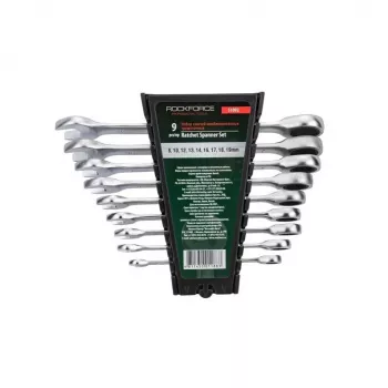 ROCKFORCE 9 dalių metrinis reketinis kombinuotasis veržliarakčių rinkinys, chromo vanadžio plienas, 72 dantų, 8–22 mm, DIN standartas